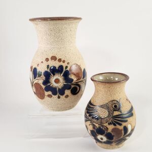 Pair Tonala Sandstone Vases 6" Hand Painted Bird Flower Signed Mexico Navy Blue